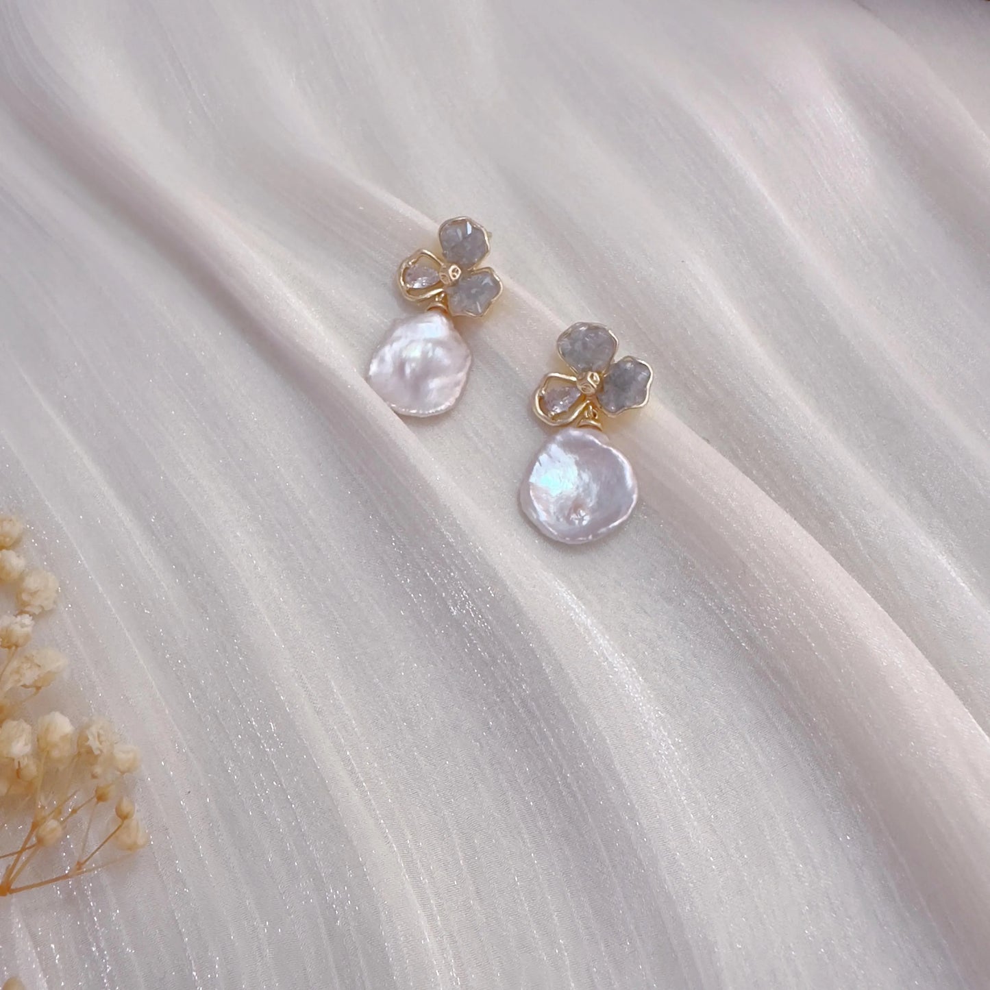 Handmade Baroque Pearl Flower Drop Earrings - Crafted with Brass