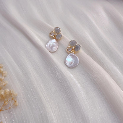 Handmade Baroque Pearl Flower Drop Earrings - Crafted with Brass