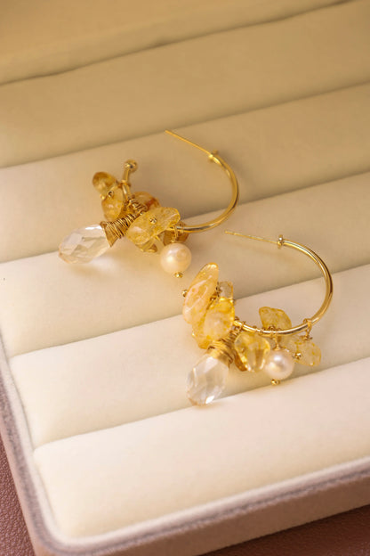 Handmade Gold Hoop Earrings - Crafted with citrine, freshwater pearl