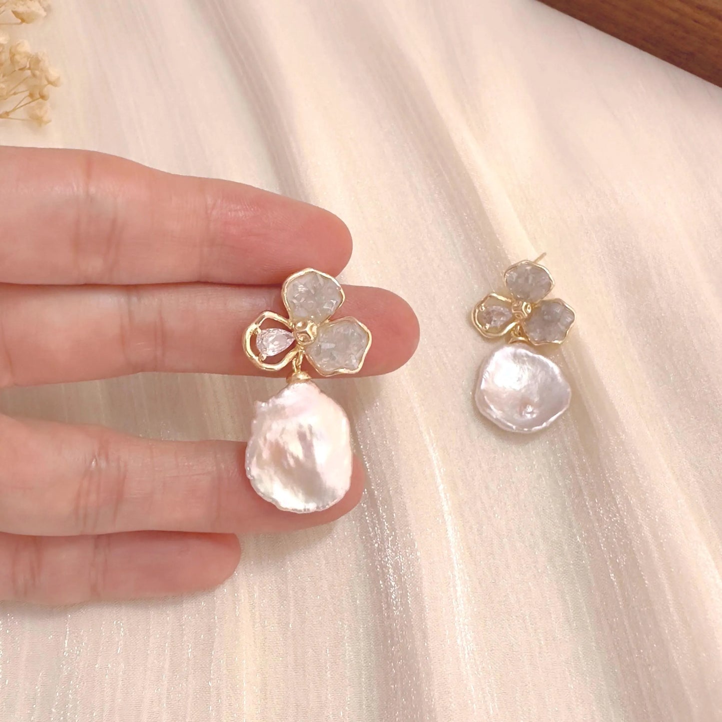 Handmade Baroque Pearl Flower Drop Earrings - Crafted with Brass