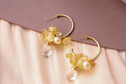 Handmade Gold Hoop Earrings - Crafted with citrine, freshwater pearl