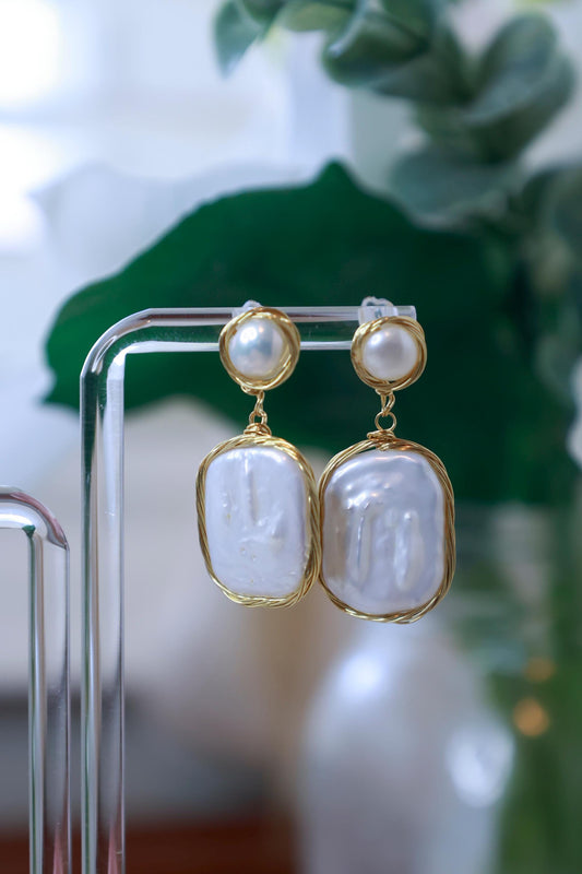 Baroque Pearl Dangle Earrings - Crafted with Brass