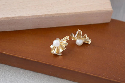 Gold Seashell Pearl Stud Earrings - Crafted with genuine pearl