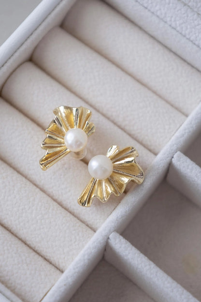 Gold Seashell Pearl Stud Earrings - Crafted with genuine pearl