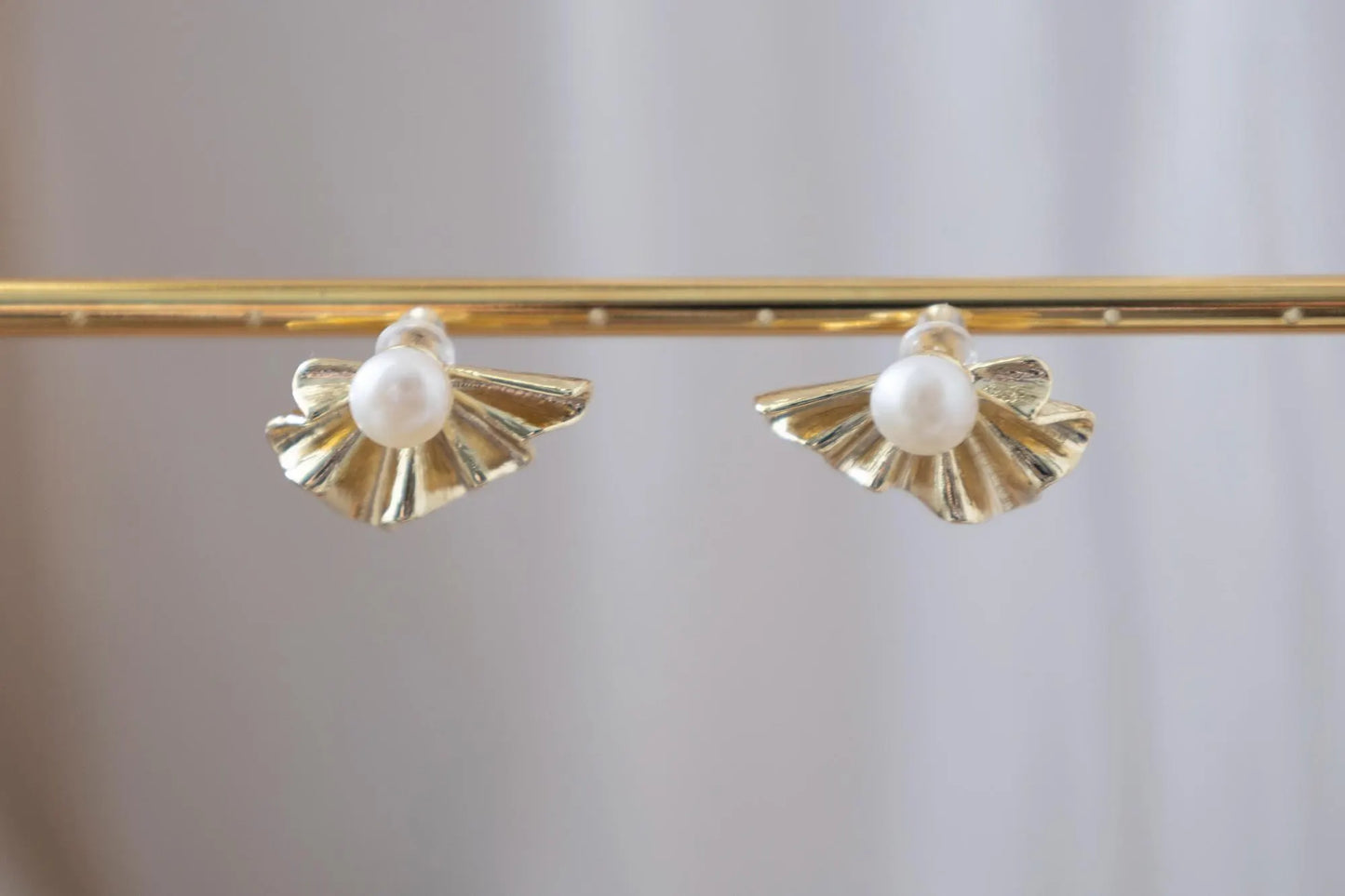 Gold Seashell Pearl Stud Earrings - Crafted with genuine pearl
