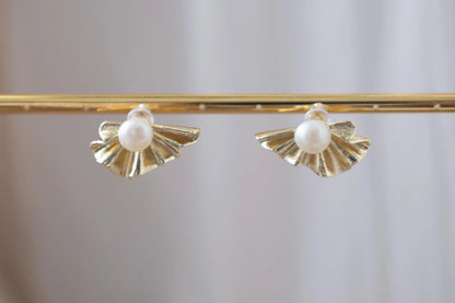 Gold Seashell Pearl Stud Earrings - Crafted with genuine pearl
