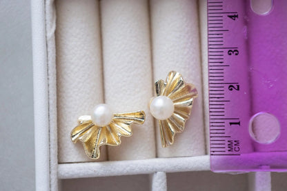 Gold Seashell Pearl Stud Earrings - Crafted with genuine pearl