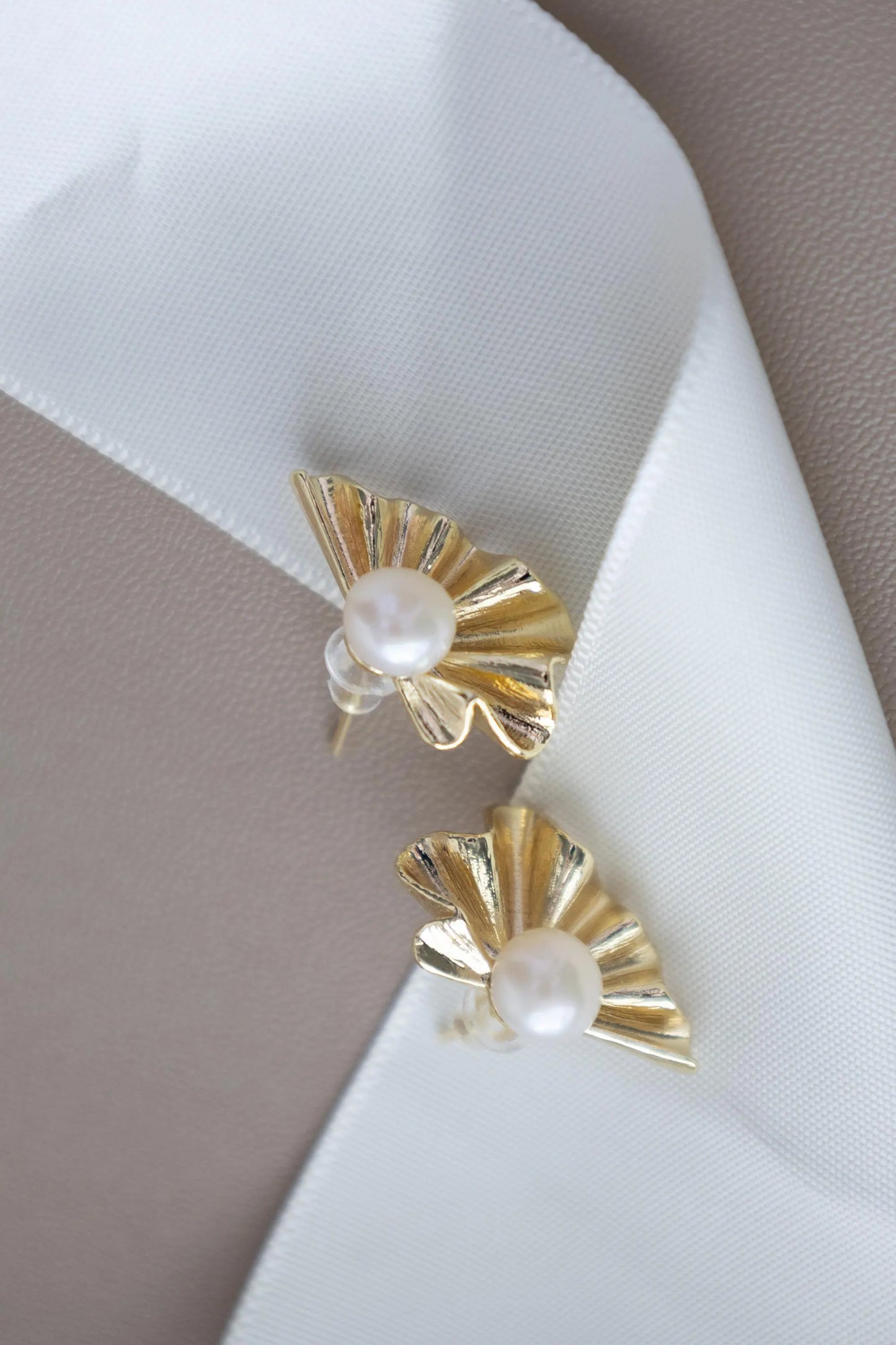 Gold Seashell Pearl Stud Earrings - Crafted with genuine pearl