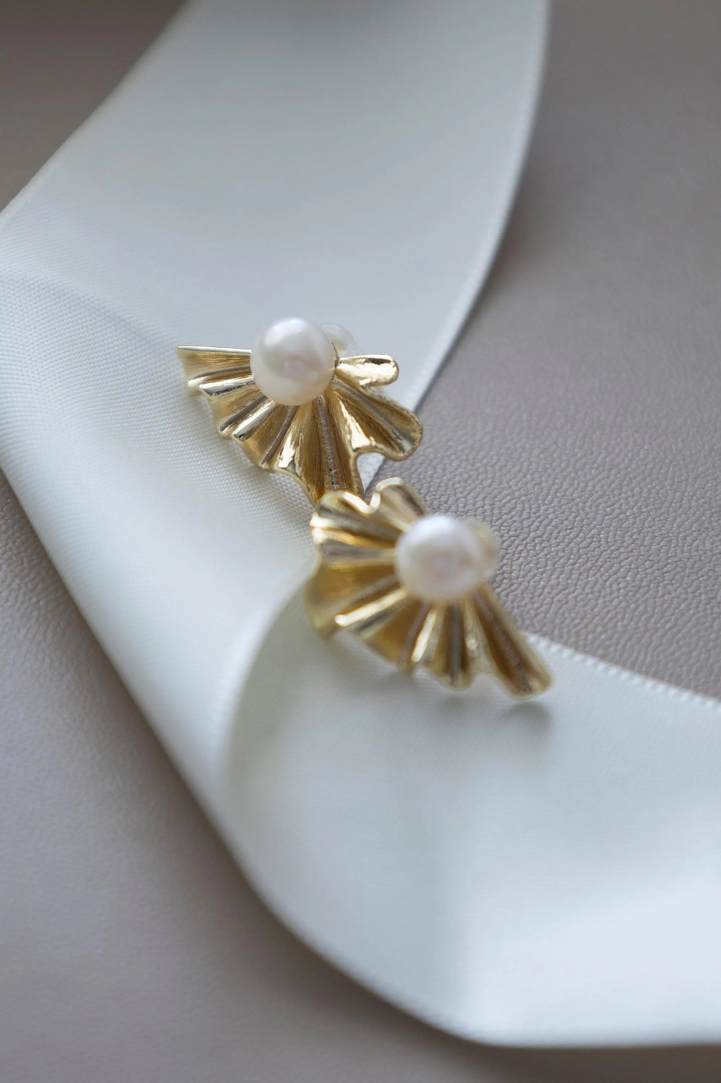 Gold Seashell Pearl Stud Earrings - Crafted with genuine pearl