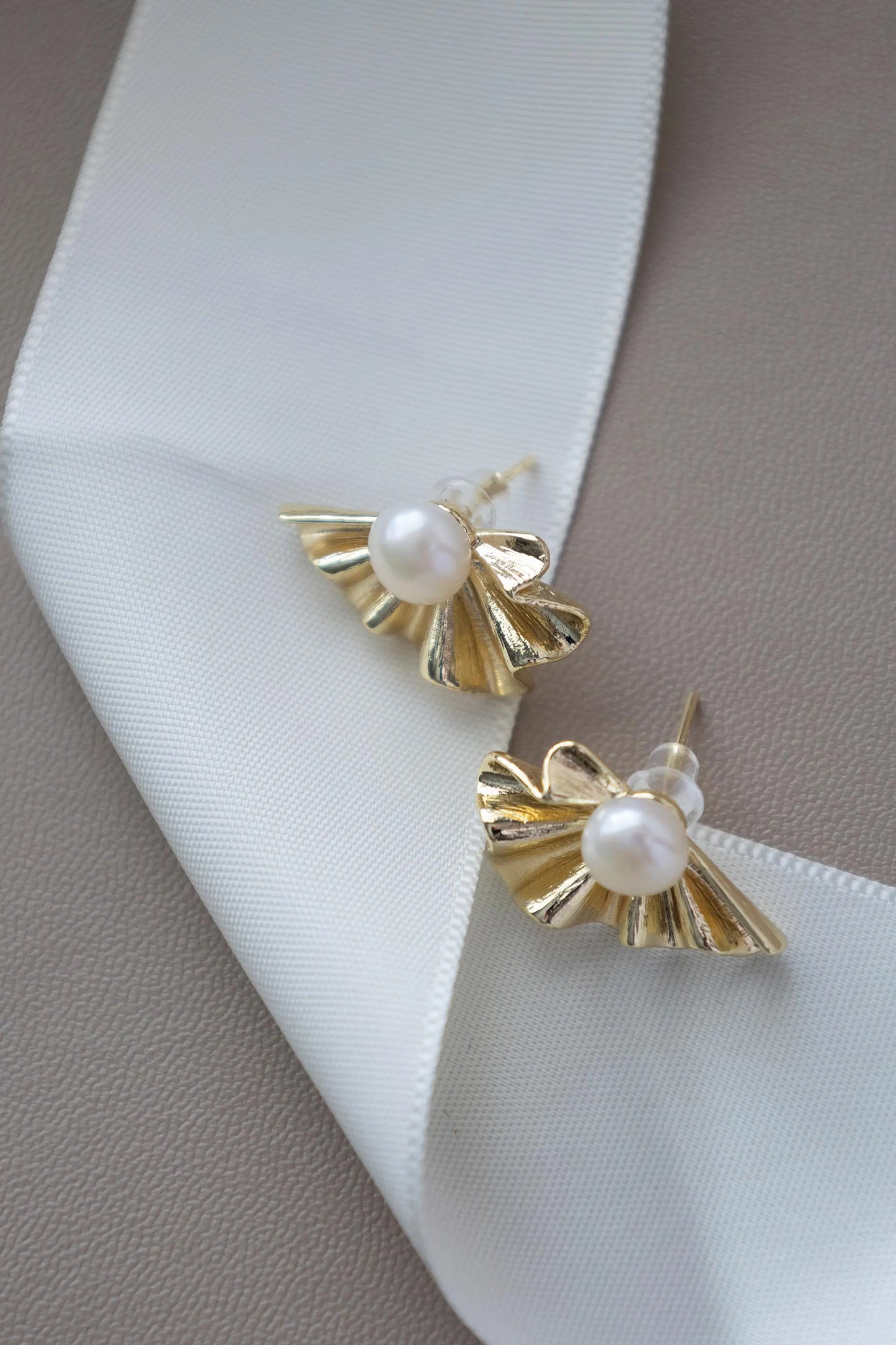 Gold Seashell Pearl Stud Earrings - Crafted with genuine pearl