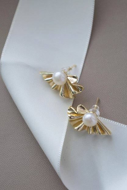 Gold Seashell Pearl Stud Earrings - Crafted with genuine pearl