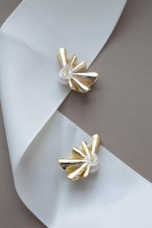 Gold Seashell Pearl Stud Earrings - Crafted with genuine pearl
