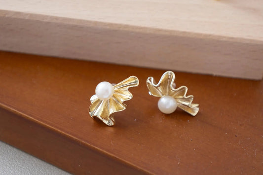 Gold Seashell Pearl Stud Earrings - Crafted with genuine pearl