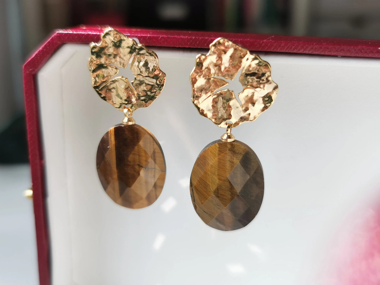 Handmade  Tiger's eye stone Earrings/Natural Gemstone Earrings/14K