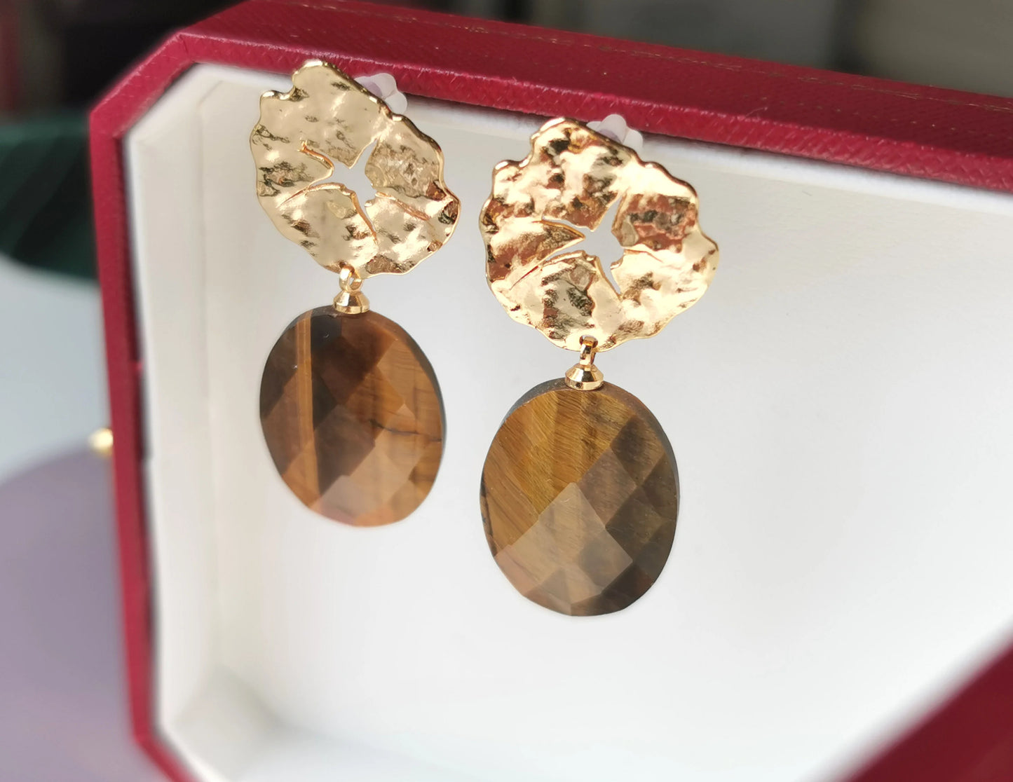 Handmade  Tiger's eye stone Earrings/Natural Gemstone Earrings/14K