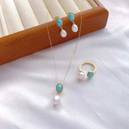 Vintage Turquoise & Pearl Jewelry Gift Set - Crafted with Brass