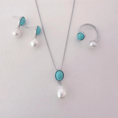 Vintage Turquoise & Pearl Jewelry Gift Set - Crafted with Brass