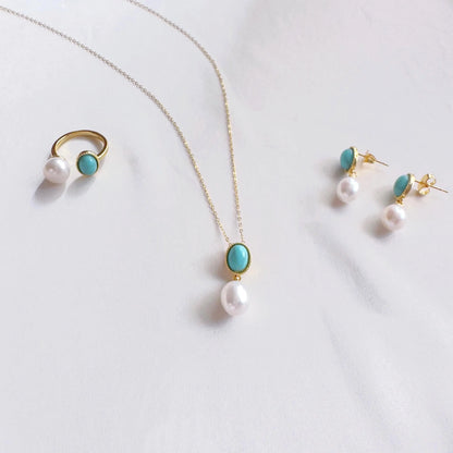 Vintage Turquoise & Pearl Jewelry Gift Set - Crafted with Brass