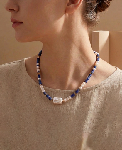 Lapis Lazuli & Baroque Pearl Necklace - Crafted with Brass