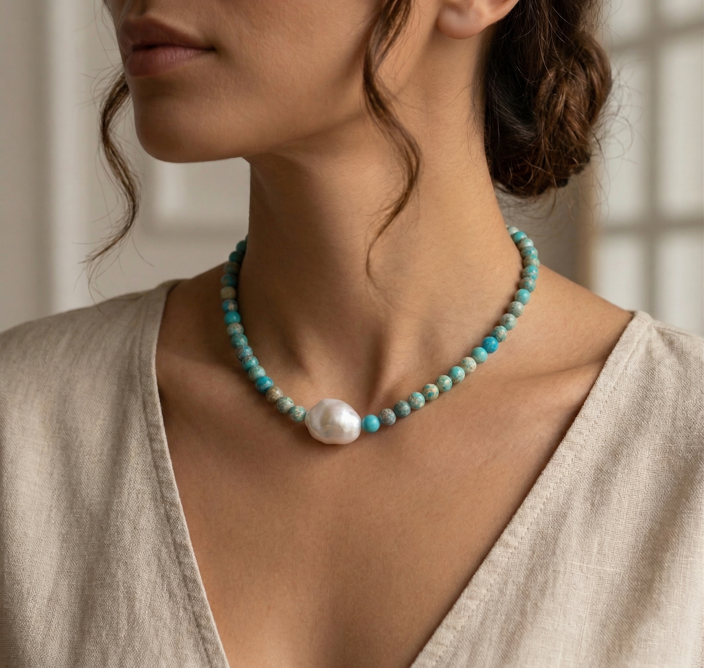 Handcrafted Turquoise Baroque Pearl Necklace | Bridal& Daily Jewelry