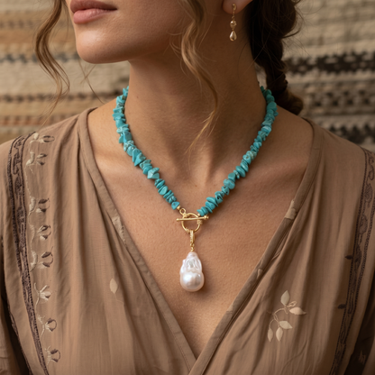 Turquoise Baroque Pearl Necklace-Handcrafted Blue Chip Turquoise