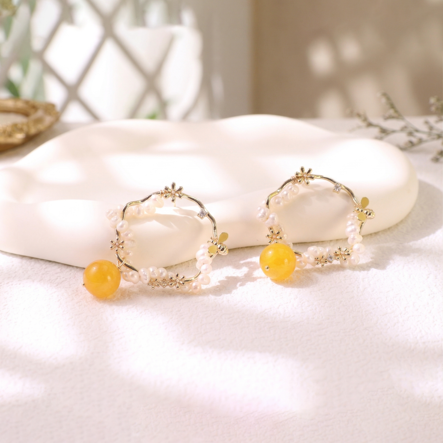 Yellow Chalcedony & Pearl Flower Hoops – Vintage Floral Gold Plated Earrings