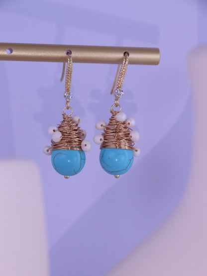 Wire-Wrapped Turquoise & Pearl Earrings – Gold Boho Bridesmaid Dangles (4cm)