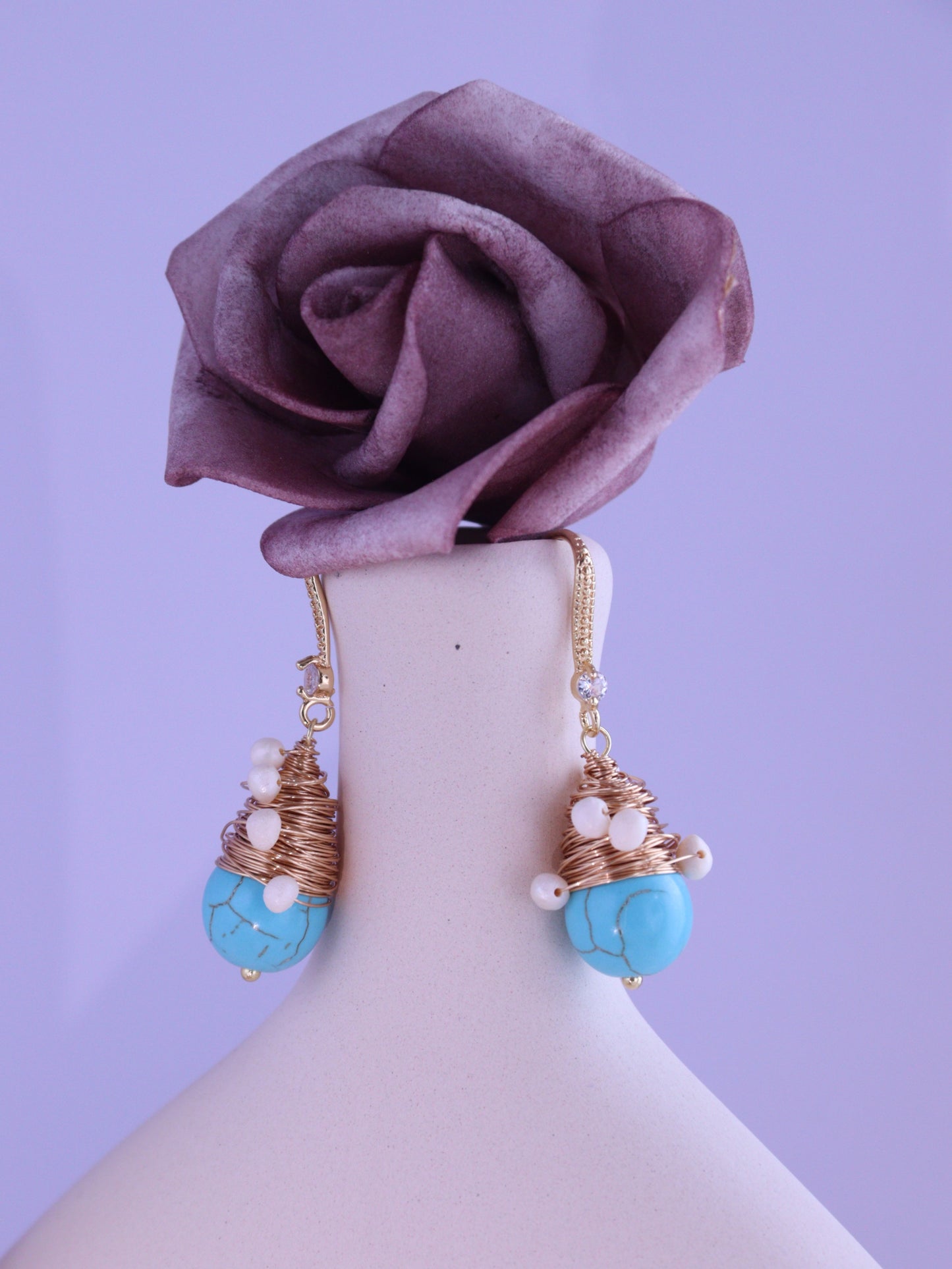 Wire-Wrapped Turquoise & Pearl Earrings – Gold Boho Bridesmaid Dangles (4cm)