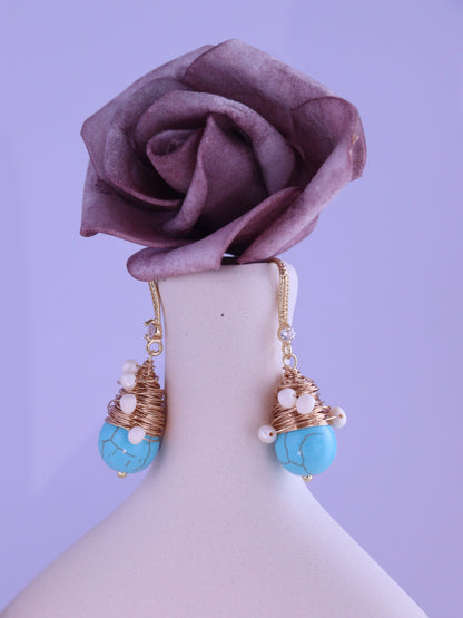 Wire-Wrapped Turquoise & Pearl Earrings – Gold Boho Bridesmaid Dangles (4cm)