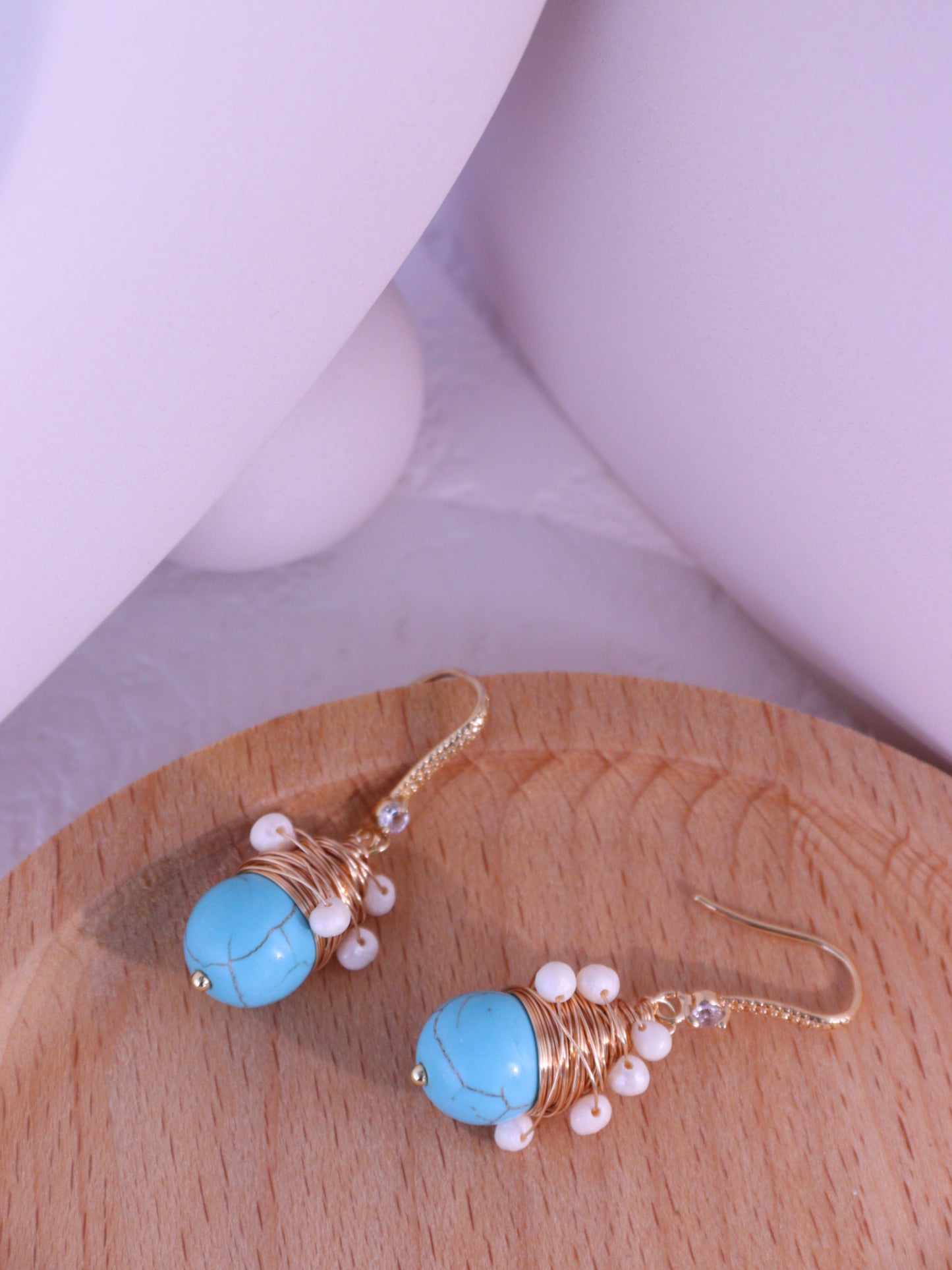 Wire-Wrapped Turquoise & Pearl Earrings – Gold Boho Bridesmaid Dangles (4cm)