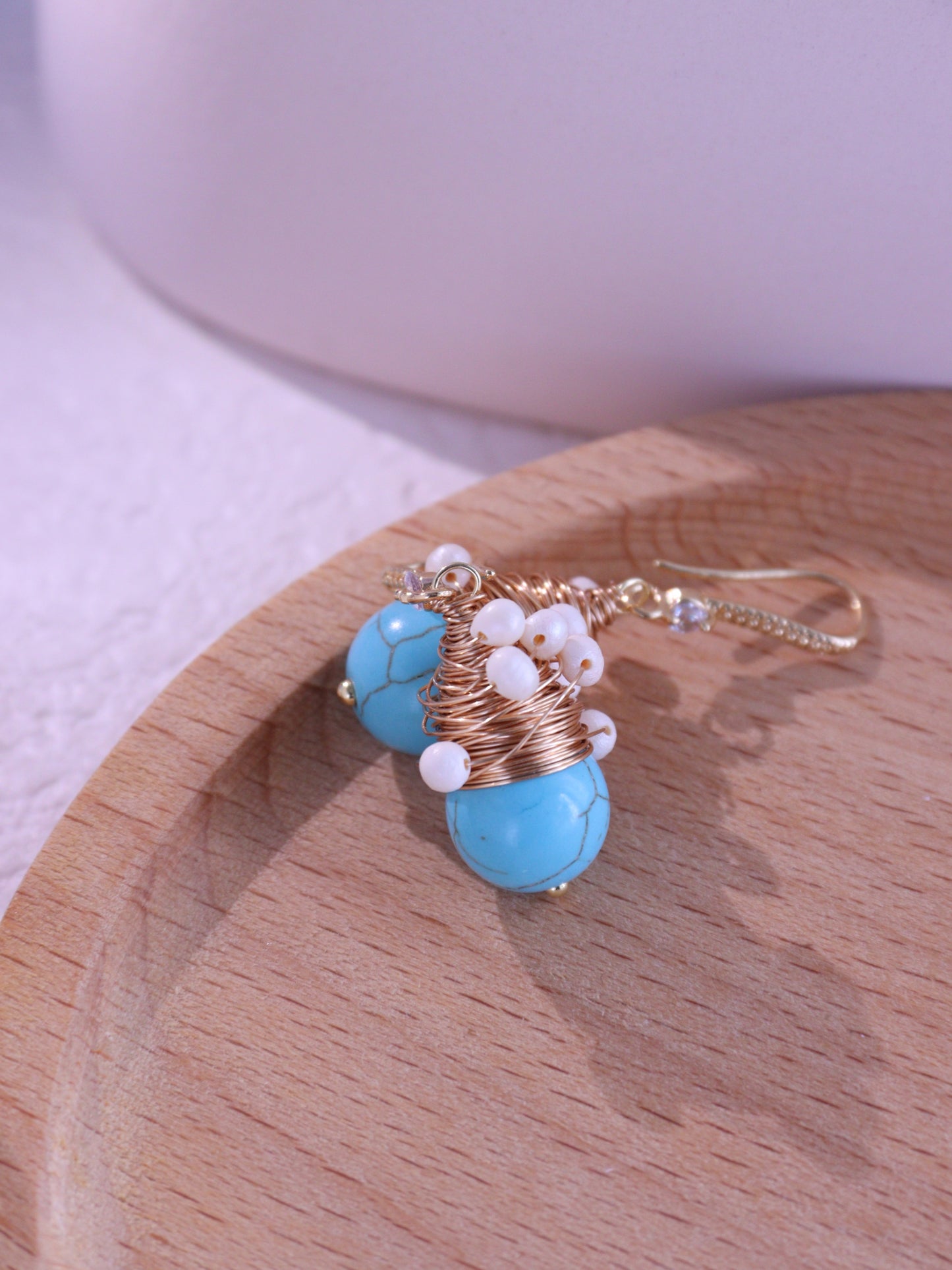 Wire-Wrapped Turquoise & Pearl Earrings – Gold Boho Bridesmaid Dangles (4cm)