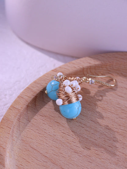 Wire-Wrapped Turquoise & Pearl Earrings – Gold Boho Bridesmaid Dangles (4cm)