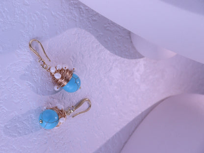 Wire-Wrapped Turquoise & Pearl Earrings – Gold Boho Bridesmaid Dangles (4cm)