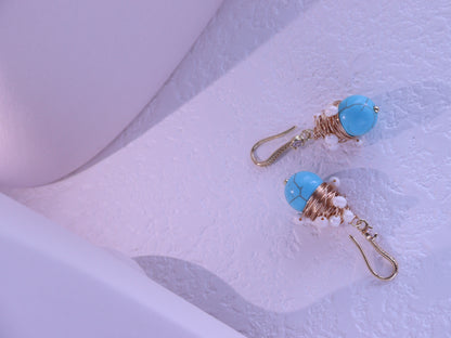 Wire-Wrapped Turquoise & Pearl Earrings – Gold Boho Bridesmaid Dangles (4cm)