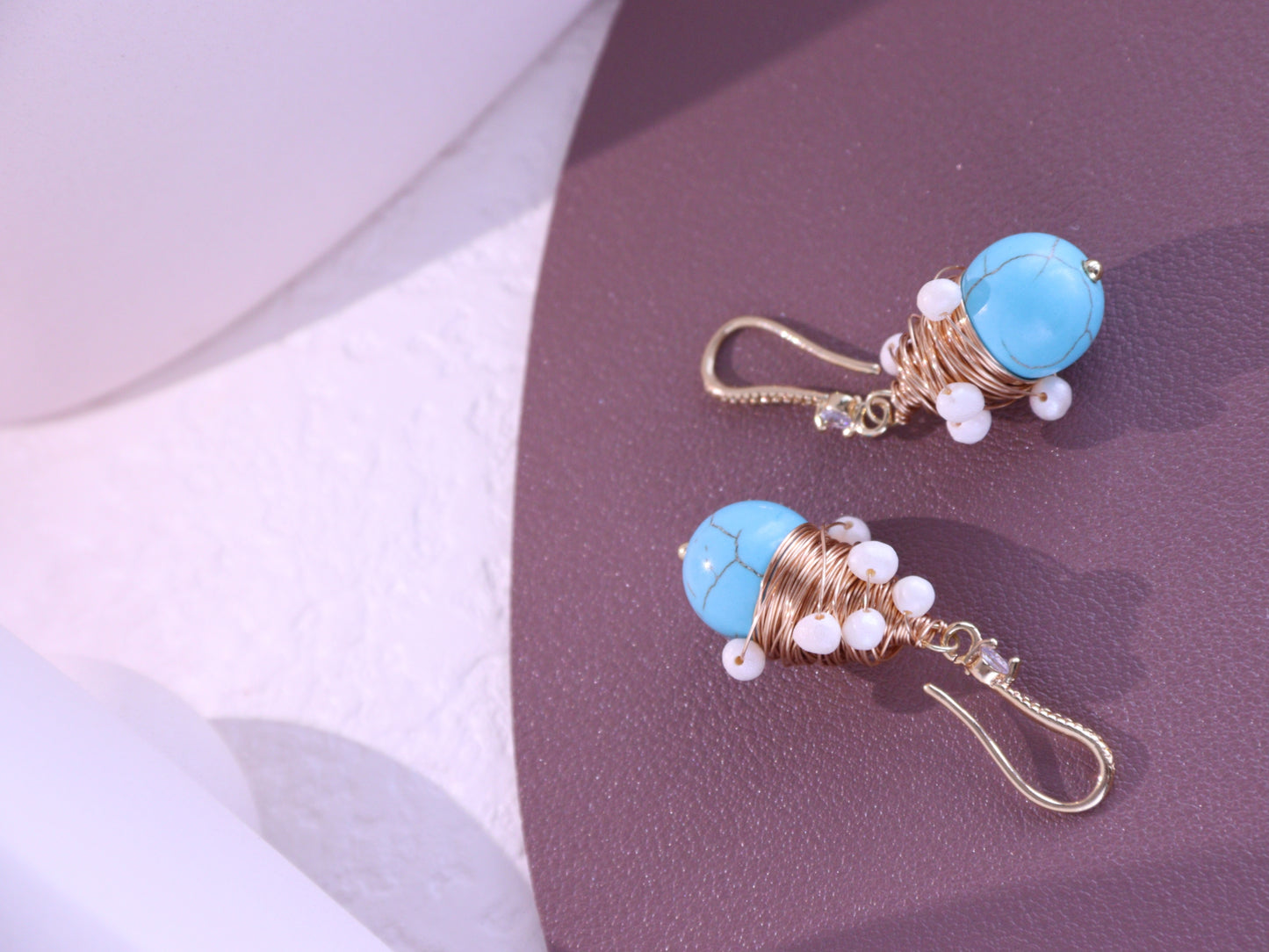 Wire-Wrapped Turquoise & Pearl Earrings – Gold Boho Bridesmaid Dangles (4cm)