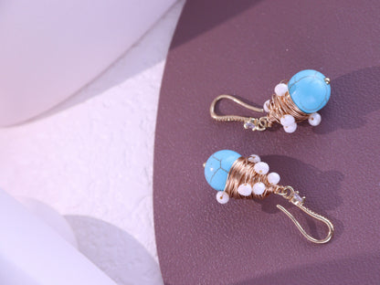 Wire-Wrapped Turquoise & Pearl Earrings – Gold Boho Bridesmaid Dangles (4cm)