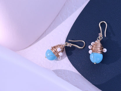 Wire-Wrapped Turquoise & Pearl Earrings – Gold Boho Bridesmaid Dangles (4cm)