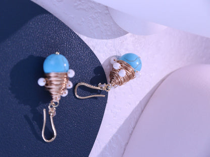 Wire-Wrapped Turquoise & Pearl Earrings – Gold Boho Bridesmaid Dangles (4cm)