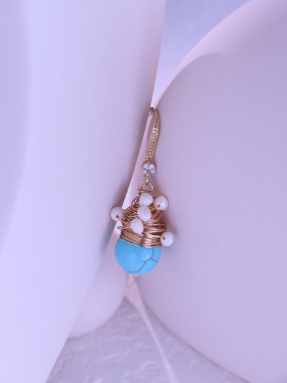 Wire-Wrapped Turquoise & Pearl Earrings – Gold Boho Bridesmaid Dangles (4cm)