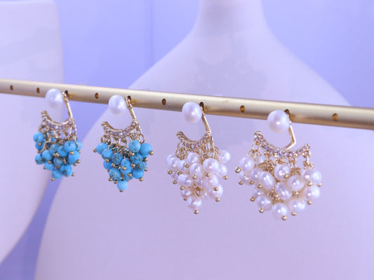 "Ocean Light" Turquoise & Pearl Dangles – Shimmering Gold Wire Wrapped Jewelry