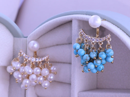 "Ocean Light" Turquoise & Pearl Dangles – Shimmering Gold Wire Wrapped Jewelry