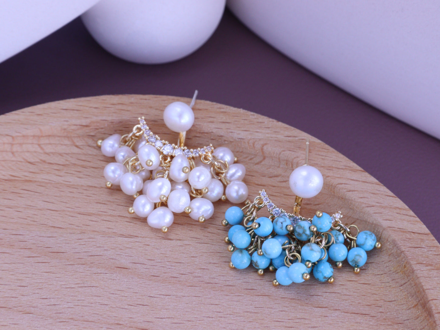 "Ocean Light" Turquoise & Pearl Dangles – Shimmering Gold Wire Wrapped Jewelry