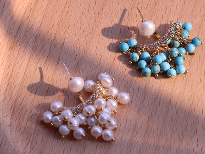 "Ocean Light" Turquoise & Pearl Dangles – Shimmering Gold Wire Wrapped Jewelry