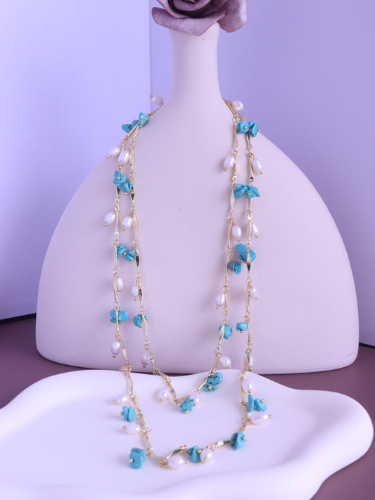 Turquoise & Pearl Double Layered Necklace – Boho Gold Chain Long Necklace (102cm)