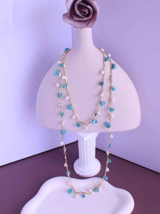 Turquoise & Pearl Double Layered Necklace – Boho Gold Chain Long Necklace (102cm)
