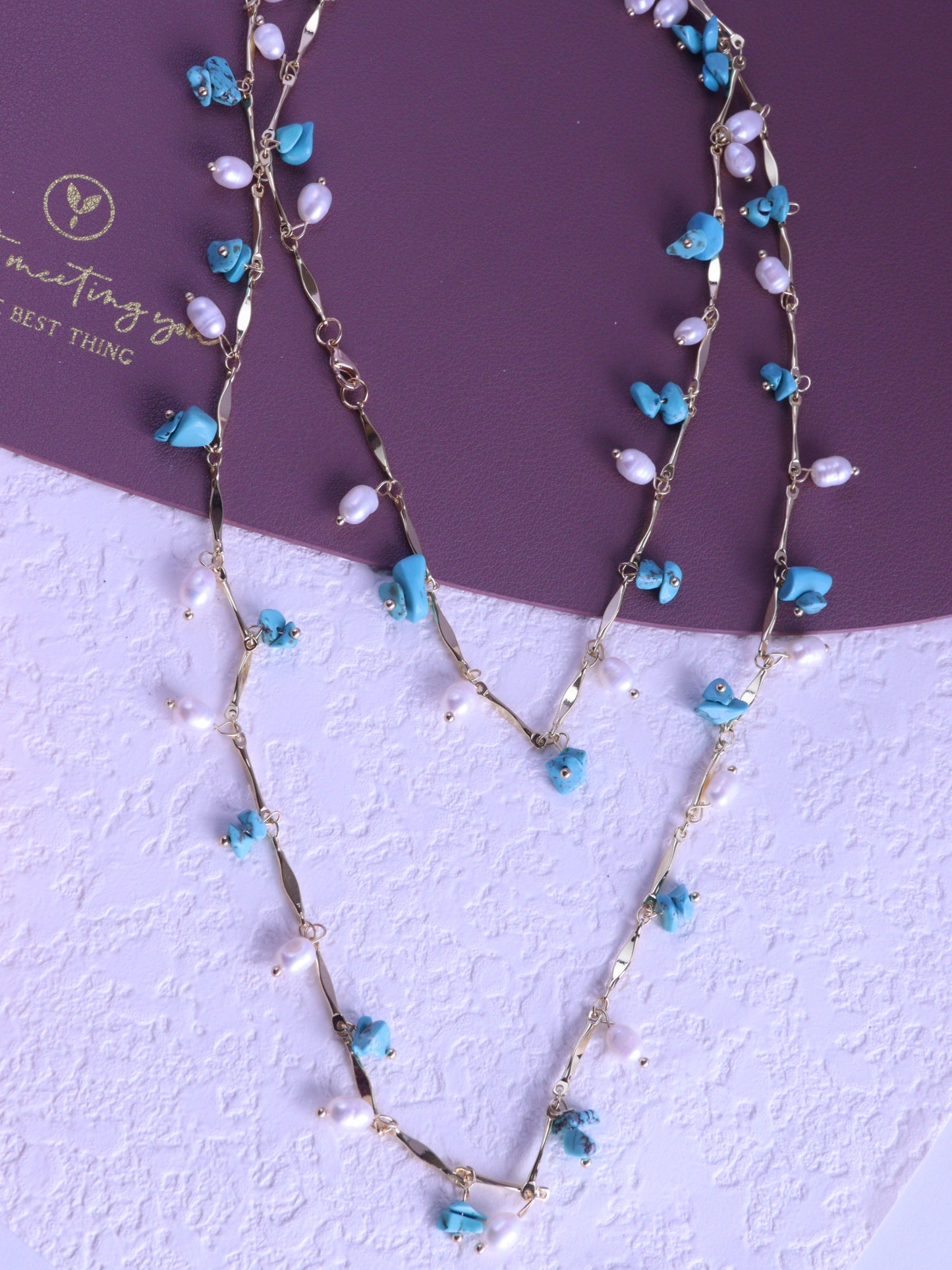 Turquoise & Pearl Double Layered Necklace – Boho Gold Chain Long Necklace (102cm)