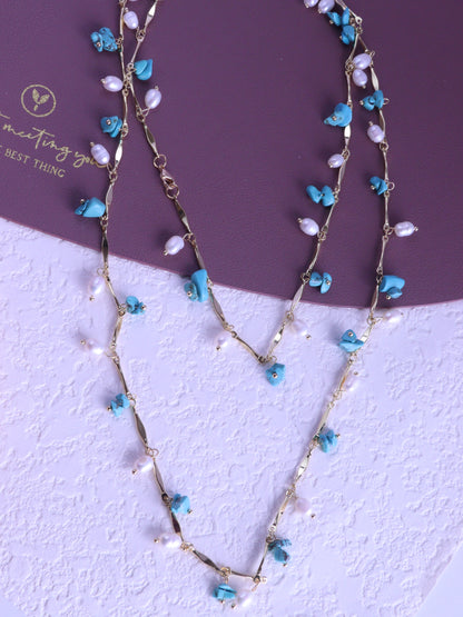 Turquoise & Pearl Double Layered Necklace – Boho Gold Chain Long Necklace (102cm)