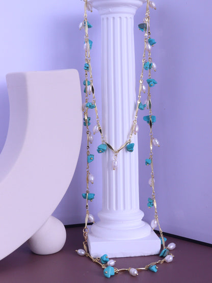Turquoise & Pearl Double Layered Necklace – Boho Gold Chain Long Necklace (102cm)