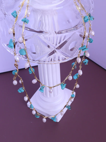 Turquoise & Pearl Double Layered Necklace – Boho Gold Chain Long Necklace (102cm)