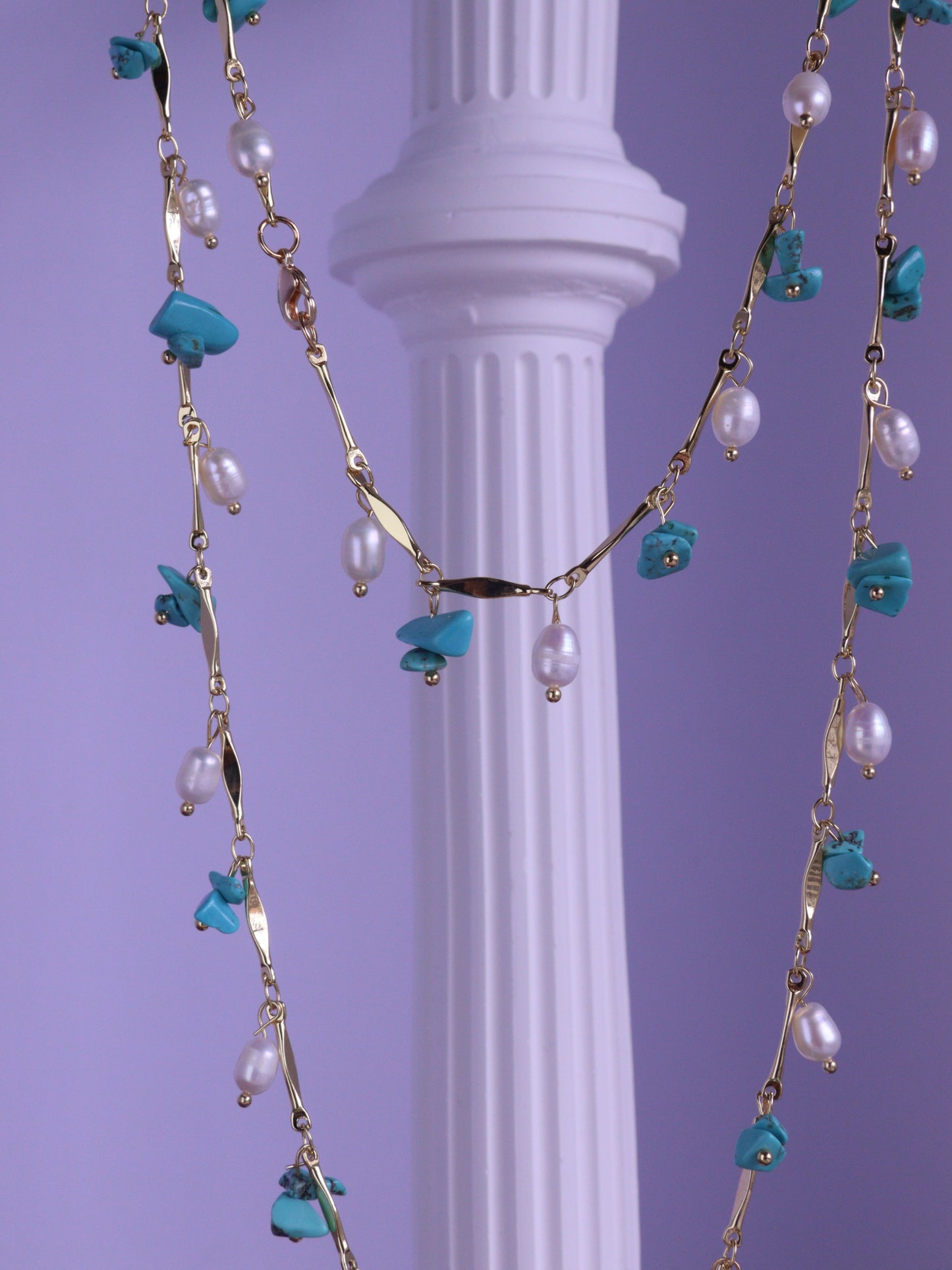 Turquoise & Pearl Double Layered Necklace – Boho Gold Chain Long Necklace (102cm)